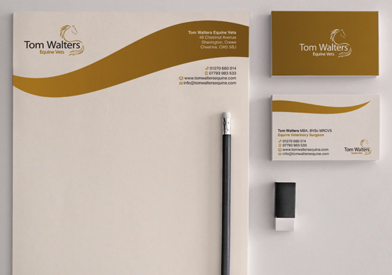 Stationery designs for the equine vets Tom Walters. They wanted to continue their brand's high end look through their letterheads and business card designs.