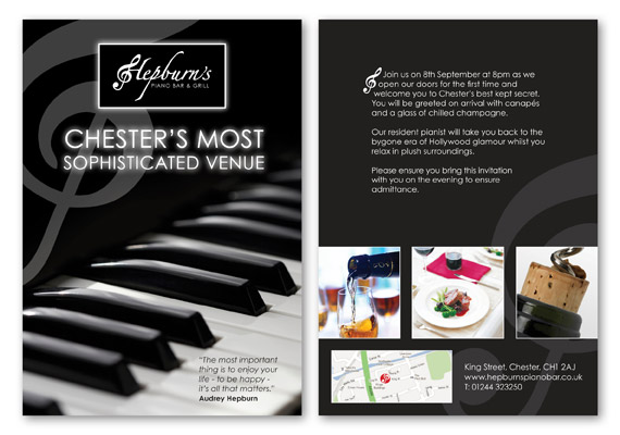 We designed this branding to highlight the piano bar's high-end look and strong links with music. They wanted to appeal to an older and more exclusive clientele. Further promotion included these flyer designs.