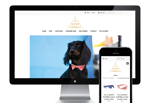 An e-commerce website design for a luxury dog accessory brand. The site is fully responsive and has a content management system for the client to update the shop and site. www.lamaisondarabella.com
