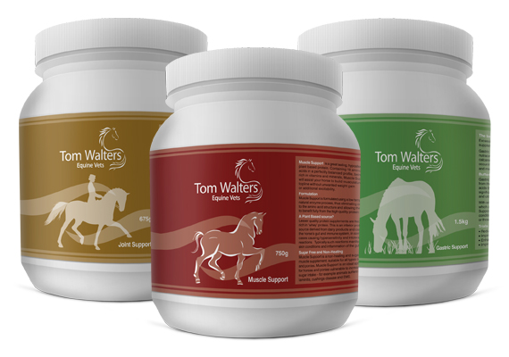 Packaging designs for Tom Walters Equine Vets. They required labels for a range of horse food supplements with strong corporate identity to stand out in the market.